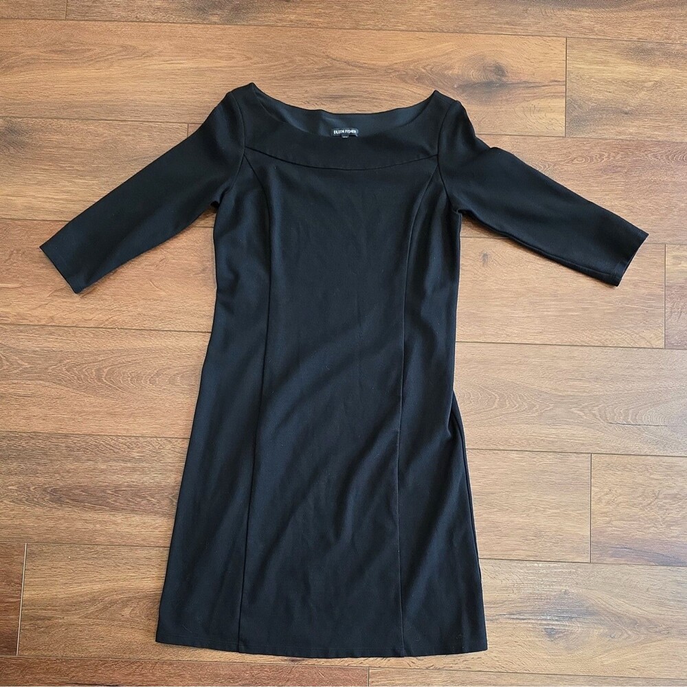 Eileen Fisher Boatneck Ponte Knit Dress Black XS Sheath Shift Stretch LBD